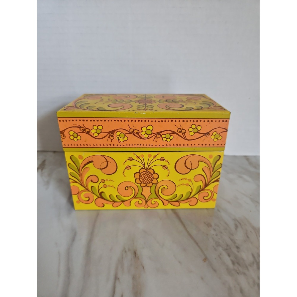 Vintage Avon Metal Recipe Box Hinge Lid Mod Yellow Orange Green MCM 5 x 3